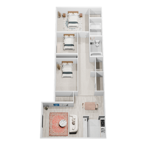 A floor plan of a house with a kitchen, living room, and two bedrooms.